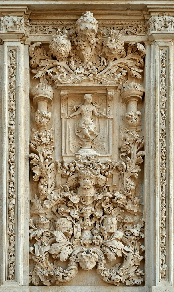 Intricate stone relief carving displays a central female figure in a niche, surrounded by elaborate Baroque ornamentation.  The design features acanthus leaves, floral motifs, and cherubic figures, all meticulously sculpted in high relief.  Pillars flank the central scene, enhancing the symmetrical and visually rich composition. The light beige stone gives a sense of classical elegance.