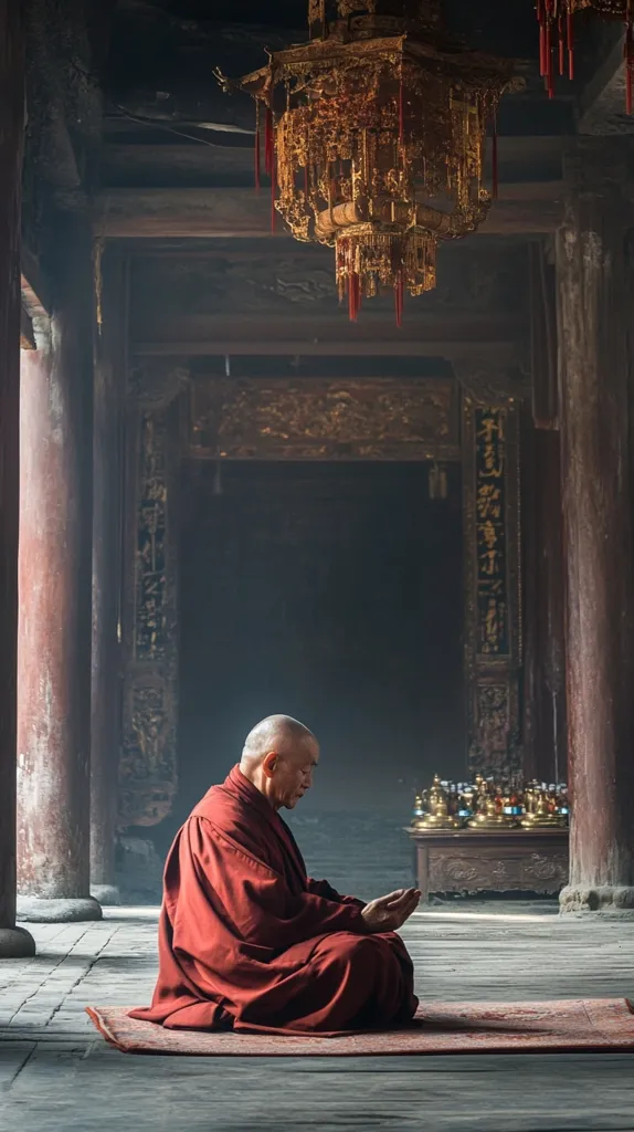 A Buddhist monk, clad in a deep red robe, sits in silent prayer within a dimly lit ancient temple.  The ornate, gold-toned chandelier above casts a soft glow.  Intricate carvings adorn the temple's dark wooden pillars and walls.  The scene evokes a sense of serenity and spiritual devotion.