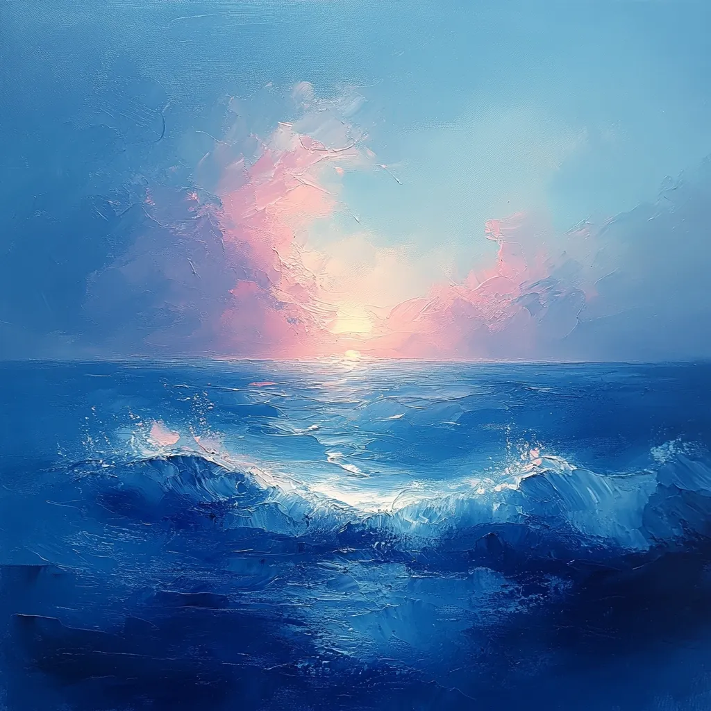 A serene seascape painting depicts a sunset over a calm ocean.  The sky is a soft blend of pastel pinks and blues, reflecting on the water's surface.  Gentle waves break, creating small whitecaps.  The artist's impasto technique adds texture and depth, conveying a peaceful, tranquil atmosphere.  The overall color palette is cool and calming, evoking a sense of serenity and beauty.