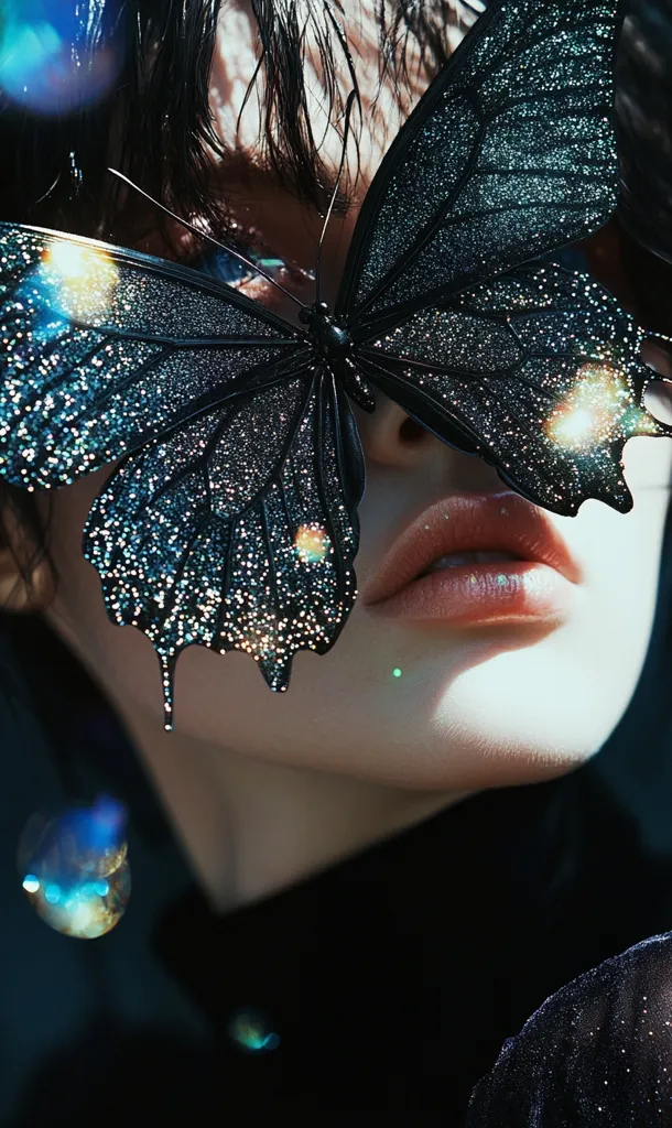 A close-up shot reveals a person's face partially obscured by a large, dark, glitter-encrusted butterfly. The butterfly's wings are meticulously detailed, and its iridescent texture shimmers. The individual's lips are full and subtly pink, and their dark hair frames their face.  The background hints at a dark, moody atmosphere, accented by bokeh effects suggesting light sources. The overall impression is one of ethereal beauty and mystery.