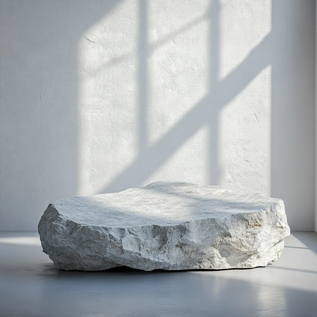 A large, light gray, rough-hewn rock sits on a smooth gray floor against a white wall.  Window shadows cast across the wall create a minimalist and serene atmosphere. The rock's irregular shape and flat top suggest it could serve as a unique display or product platform.  The overall scene is clean, modern, and subtly textured.