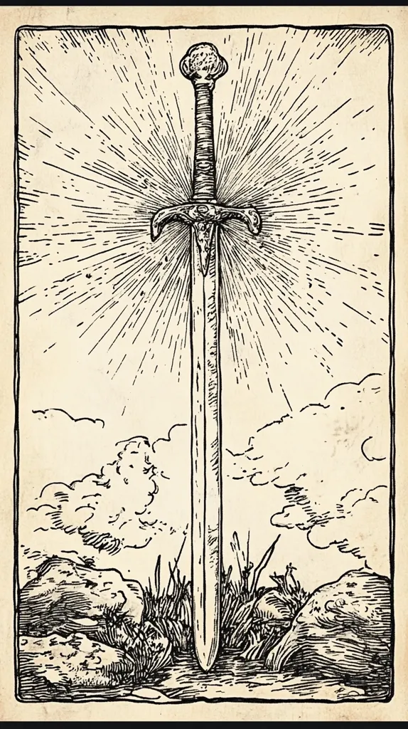 A detailed ink drawing depicts a sword planted in the ground, radiating light.  The sword has a simple, elegant design, and is surrounded by grass and rocks.  A cloudy sky is visible above, suggesting a peaceful, possibly mystical, setting. The style evokes antique engravings or tarot card imagery. The overall tone is serene and slightly enigmatic.