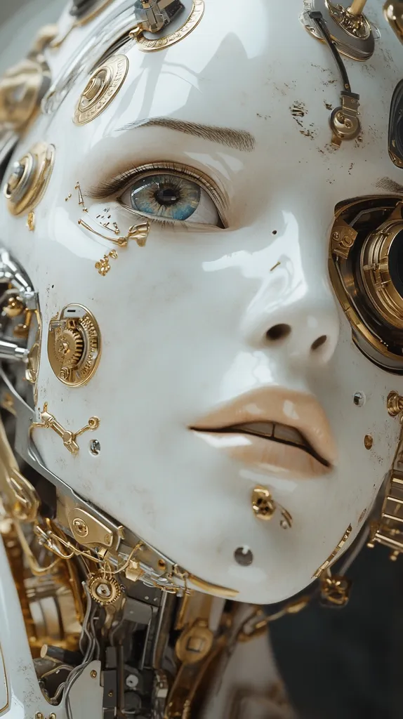A close-up showcases a meticulously detailed robotic face, predominantly white with gold accents.  Intricate gears and mechanisms are visible, seamlessly integrated with the porcelain-like skin.  One blue eye is clearly seen, adding a touch of humanity to the otherwise mechanical visage. The image evokes a blend of futuristic technology and delicate beauty.  The overall aesthetic is one of elegant, sophisticated robotics.