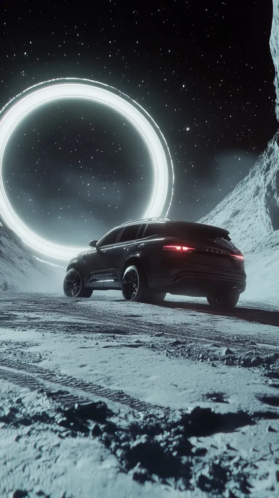 A sleek, dark SUV sits on a desolate, snow-covered landscape under a night sky.  A large, luminous ring floats in the background, creating a surreal, otherworldly atmosphere.  The vehicle's tires leave tracks in the powder, suggesting a journey across this alien terrain. The scene is stark yet captivating, hinting at futuristic travel or exploration.