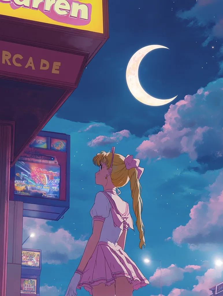 A stylized anime girl, reminiscent of Sailor Moon, gazes upwards at a crescent moon in a twilight sky.  She's dressed in a pink sailor-style uniform and stands before a retro arcade building.  The scene is bathed in soft, pastel colors, creating a dreamy, nostalgic atmosphere.  Streetlights softly illuminate the night, adding to the enchanting ambiance.