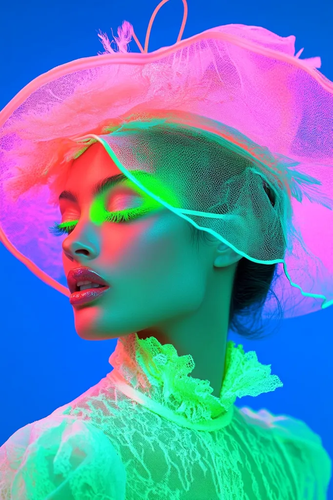 A woman's face is partially obscured by a large, pink, lacy hat. Her eyes are closed, and she wears bright green eyeshadow and lipstick.  She is dressed in a lime green lace blouse. The overall image is highly stylized, with vibrant, neon-like lighting creating a surreal and fashionable effect. The background is a solid blue.