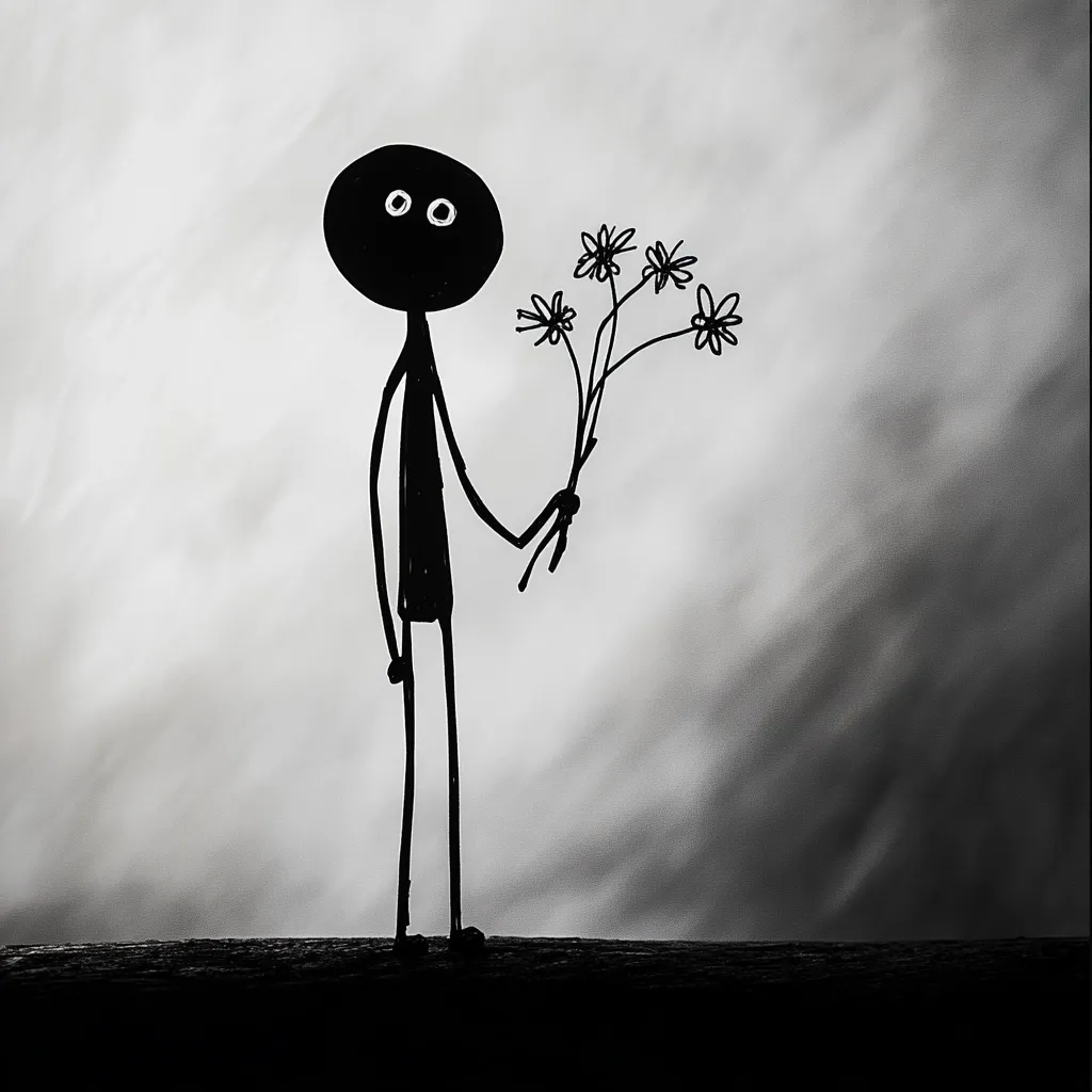 A minimalist black and white illustration depicts a simple stick figure holding a small bouquet of flowers. The figure has a circular head with two simple eyes, and its body is composed of thin lines. It stands against a subtly textured, cloudy background.  The overall mood is melancholic yet tender, suggesting a quiet gesture of affection.