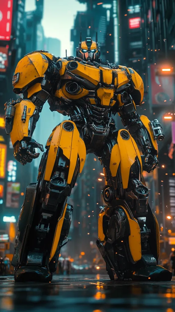 A towering, predominantly yellow and black robot stands in a futuristic cityscape.  Its design suggests a powerful, heavily armored frame, with intricate mechanical details visible. Sparks fly around its feet, hinting at recent activity or movement. The background depicts a vibrant, densely packed urban environment, filled with towering buildings and neon lights.  The overall atmosphere is one of action and science fiction.