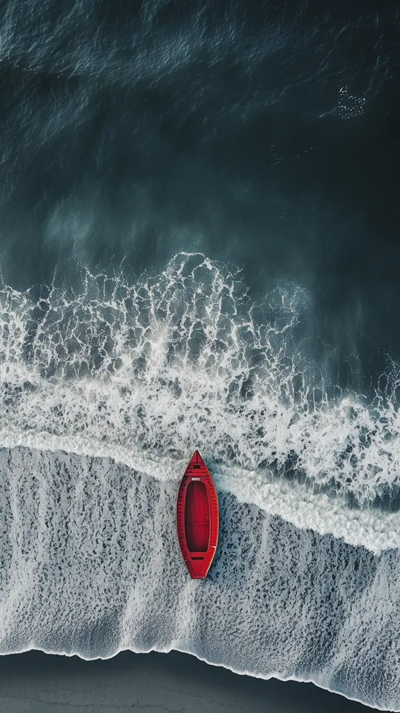 An aerial shot captures a vibrant red rowboat nestled on a dark, sandy beach, with a frothy white wave gently lapping at its bow.  The deep blue ocean stretches beyond, creating a striking contrast with the boat and the white foam. The scene evokes a sense of solitude and the raw power of nature.