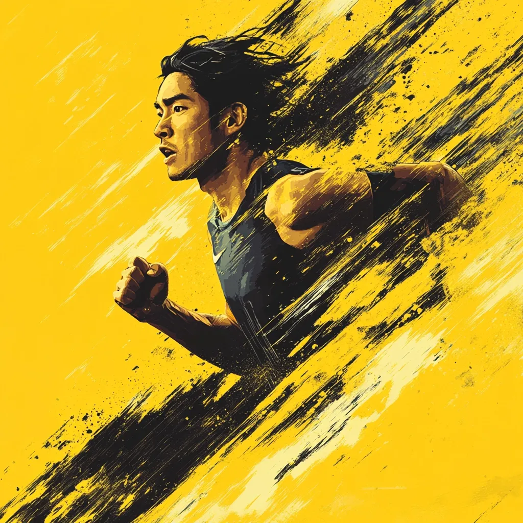 A stylized illustration depicts a male athlete in motion against a vibrant yellow background.  Black brushstrokes create a dynamic sense of speed and energy, emphasizing the runner's powerful stride. His focused expression and muscular physique convey determination and athleticism. The overall effect is a bold, energetic image capturing the essence of athletic competition.