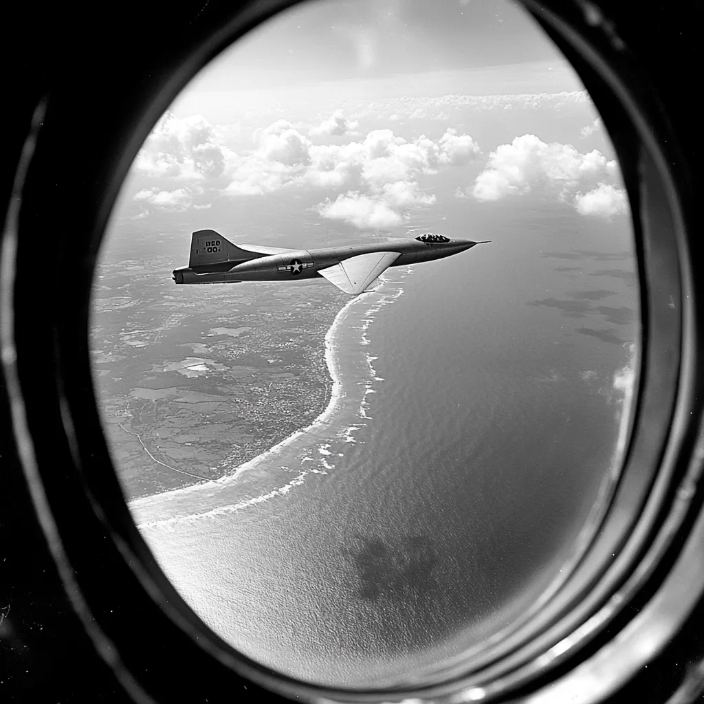 A black and white aerial photograph, taken from an aircraft's porthole, shows a Republic XF-91 Thunderceptor flying over a coastline. The jet is in flight, with the ocean and land visible below.  The coastline curves gently, showing a mix of land and water.  Fluffy clouds are visible in the sky above.  The image is sharply focused on the XF-91.
