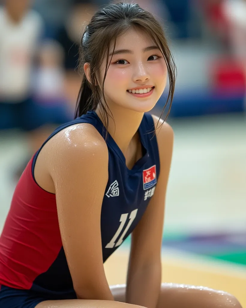 A young woman, possibly a volleyball player, smiles at the camera.  She's wearing a dark blue and red sleeveless jersey with a number 11 visible, and her hair is pulled back in a ponytail.  Sweat glistens on her skin, suggesting she's been active.  The background is blurred, indicating an indoor sports setting.  Her expression is bright and friendly.