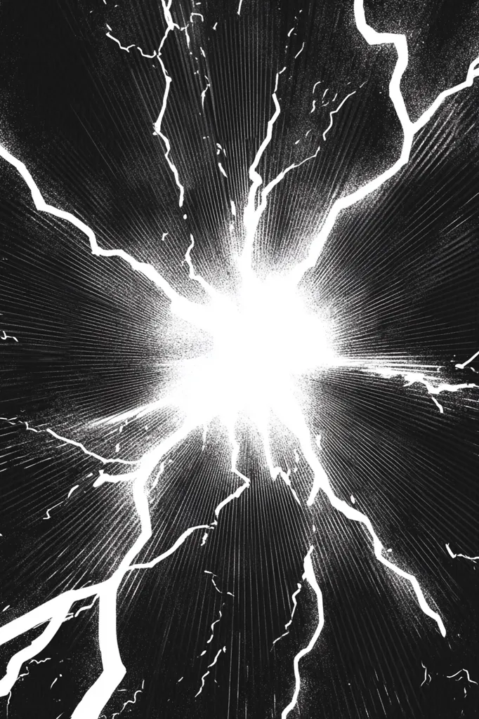 A black and white illustration depicts a radiant explosion.  Bright white light emanates from the center, radiating outwards with jagged, lightning-like cracks extending to the edges.  The background is dark, textured, and lined, creating a dynamic, energetic visual effect reminiscent of a powerful energy burst or celestial event.  The style is gritty and high-contrast.