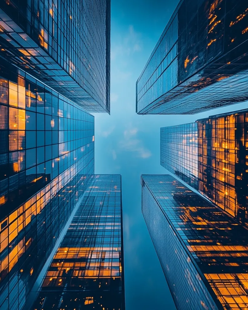 A low-angle view captures four towering skyscrapers against a twilight sky.  Their glass facades reflect the ambient light, creating a striking contrast of deep blues and warm oranges. The buildings ascend towards the heavens, their geometric shapes dominating the frame. The image evokes a sense of urban grandeur and modern architecture.