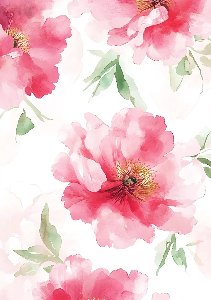 A watercolor painting features a delicate arrangement of pink peonies. The blooms are rendered with soft, translucent washes, showcasing variations in shade and petal texture.  Green leaves subtly intertwine with the flowers against a bright white background, creating a romantic and ethereal aesthetic. The style suggests a graceful and feminine design.