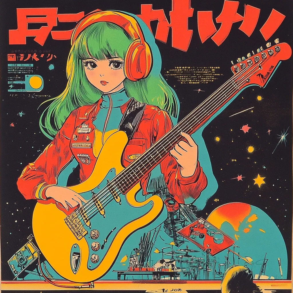 A vibrant retro-style illustration features a young woman with bright green hair and headphones, playing a bright yellow and teal electric guitar.  The background is a psychedelic space scene with stars and planets.  The image is reminiscent of 1970s Japanese anime and rock posters, with bold colors and lines.  Japanese text is prominent on the poster, adding to the overall aesthetic. The style is bold and energetic.