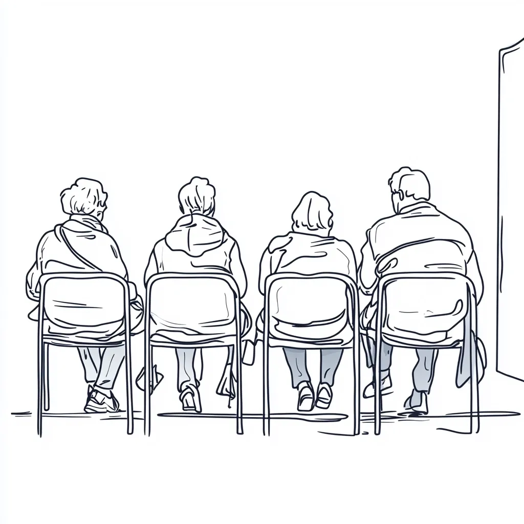 A line drawing depicts four individuals seated in chairs, their backs to the viewer.  They appear to be waiting, possibly in a doctor's office or other public waiting area. The style is simple and minimalist, focusing on the figures and their posture. The setting is sparsely detailed, with only a hint of a wall or door in the background.