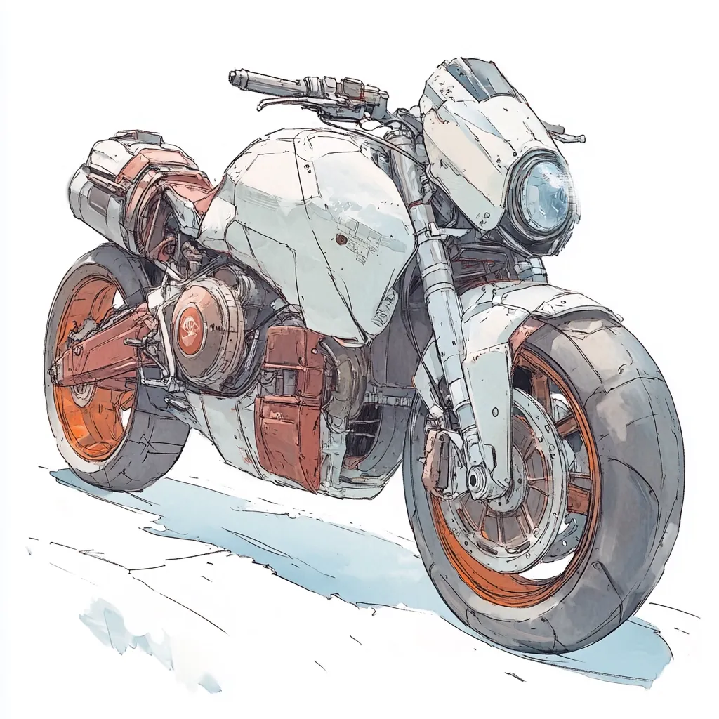 A futuristic motorcycle design is depicted in a stylized illustration.  The bike features a predominantly white and light grey body, accented with rusty orange details on the engine and rims.  Its design is sleek and angular, with exposed mechanical elements suggesting powerful performance.  The artwork utilizes a loose, sketchy style reminiscent of concept art, with visible brush strokes and shading. The motorcycle is positioned at a three-quarter angle on a lightly textured, white background.