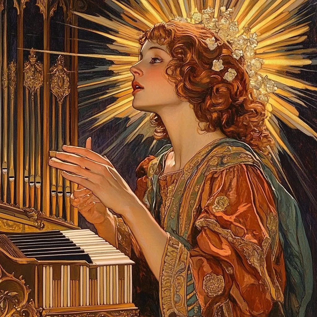 A young woman with auburn curls adorned with a floral crown is depicted playing a golden pipe organ.  Bathed in radiant light, she gazes upward with a serene expression.  Her flowing, richly colored robe adds to the opulent and ethereal atmosphere of the painting, suggesting a spiritual or angelic theme.  The intricate details of both the woman and the instrument are beautifully rendered.