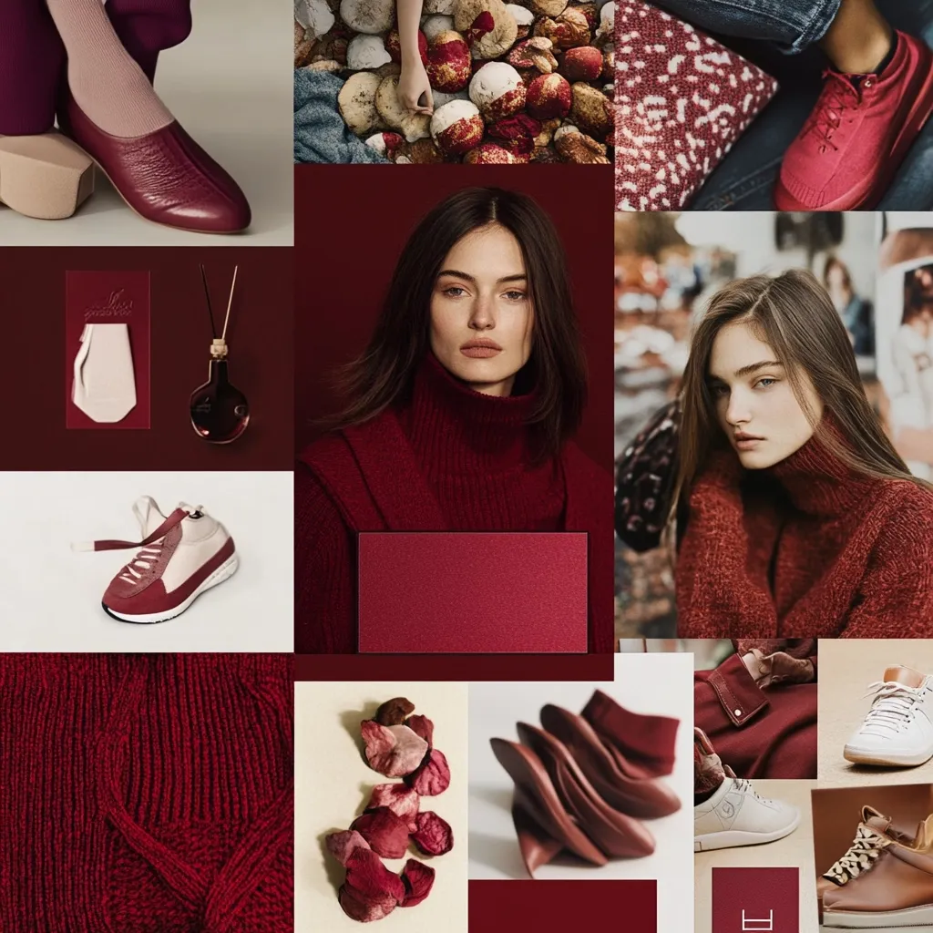 A mood board showcasing a deep burgundy color palette.  Images include textured fabrics, women's fashion in various burgundy shades (sweaters, shoes, accessories), and color swatches.  The overall aesthetic is rich, sophisticated, and autumnal, highlighting different textures and materials in varying shades of red.  Footwear selections range from sneakers to heeled shoes.