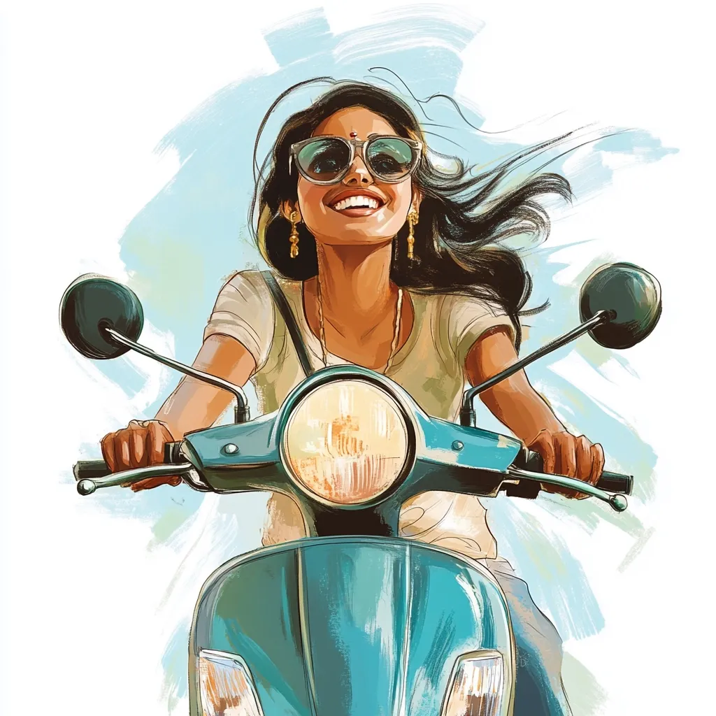 A vibrant illustration depicts a young woman with long dark hair, wearing sunglasses and traditional gold earrings, joyfully riding a teal scooter. Her smile radiates happiness as her hair flows in the wind. The artwork is painted in a dynamic style, capturing a feeling of freedom and movement against a light blue backdrop.  The scene is bright and cheerful, suggestive of a carefree journey.
