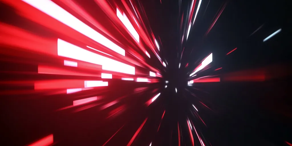 An abstract image depicting a dynamic, high-speed movement through a dark space.  Red and white streaks of light radiate from a central vanishing point, creating a sense of velocity and energy. The contrasting colors and sharp lines evoke a feeling of futuristic technology or hyperspace travel.  The overall effect is one of intense motion and visual excitement.