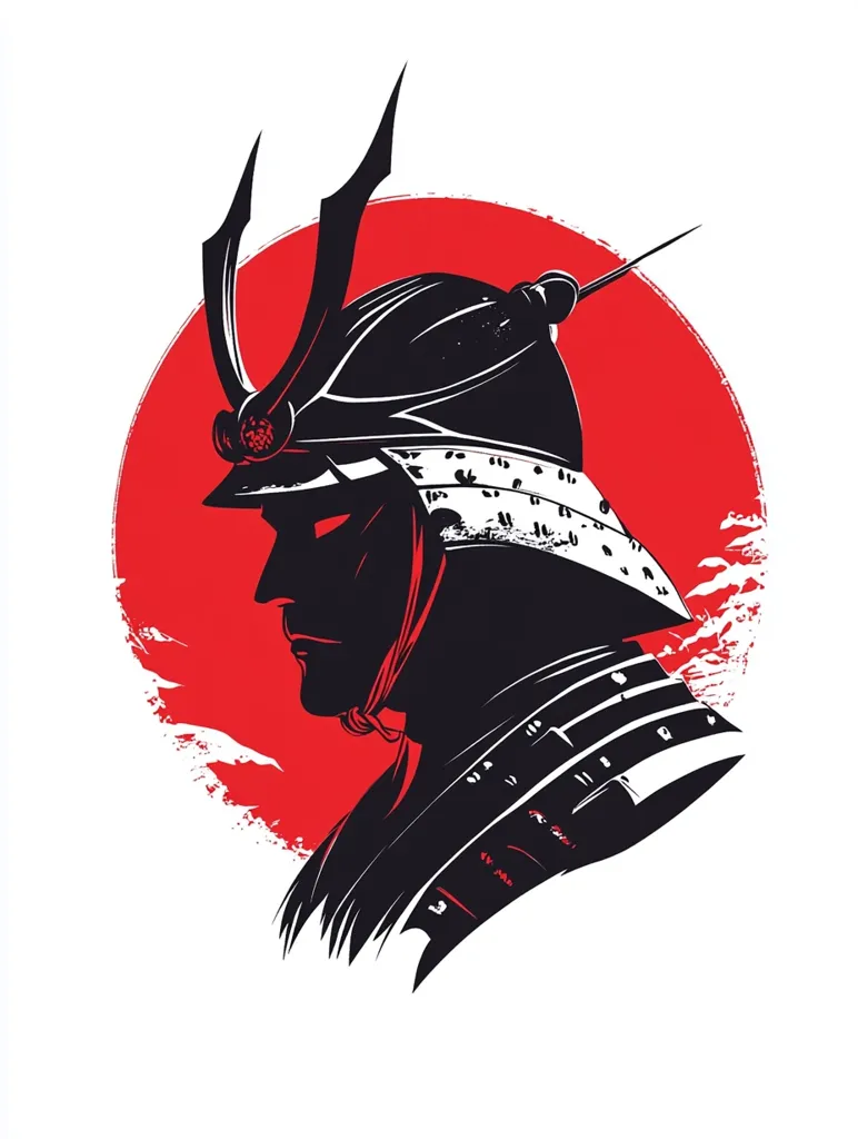 A stylized illustration of a samurai's profile, silhouetted against a vibrant red sun. The samurai wears a detailed kabuto helmet with prominent horns, his armor depicted with sharp lines and textured details.  The bold graphic style contrasts black and white against the red backdrop, creating a powerful and iconic image evoking themes of strength and Japanese culture.