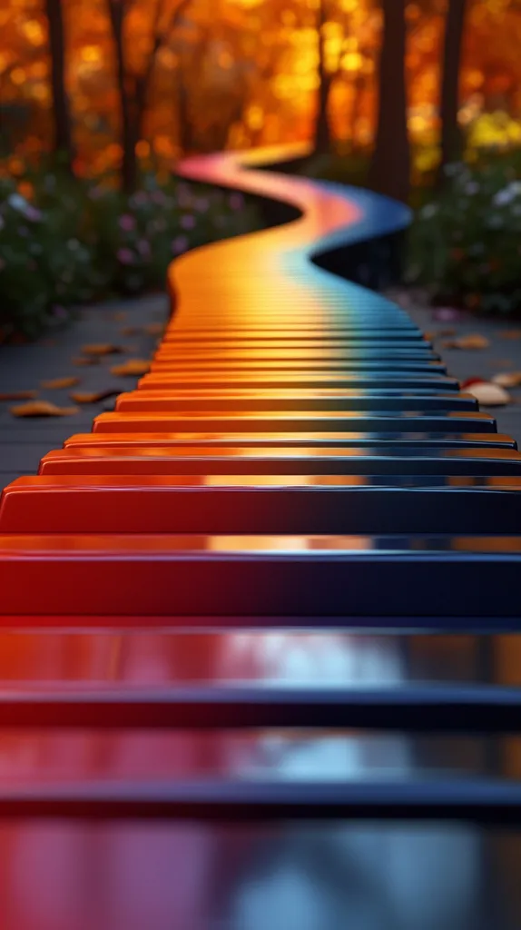 A colorful, winding bench resembling a piano keyboard is situated in a park setting.  The bench's sleek, reflective surface displays a gradient of warm oranges and reds transitioning to cool blues, mirroring the autumnal colors of the blurred background trees. Fallen leaves scatter the ground, adding to the autumnal ambiance.  The scene is peaceful and visually striking.