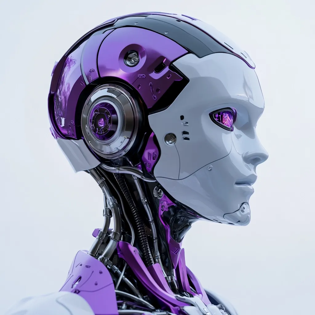 A close-up profile view of a humanoid robot's head and neck.  The robot is predominantly white with striking purple accents on its helmet and exposed internal mechanisms.  Its eyes glow with purple light. The design is sleek and futuristic, highlighting intricate details of its mechanical construction. The image is set against a plain white background.