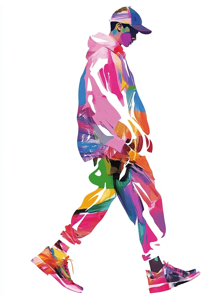 A vibrant, abstract illustration depicts a person walking, rendered in a style reminiscent of colorful paint strokes.  The figure wears a hooded jacket and pants, both splashed with hues of pink, purple, blue, green, and yellow.  A baseball cap tops their head, adding to the dynamic, energetic feel of the artwork. The person's movement is captured in a fluid, expressive manner.