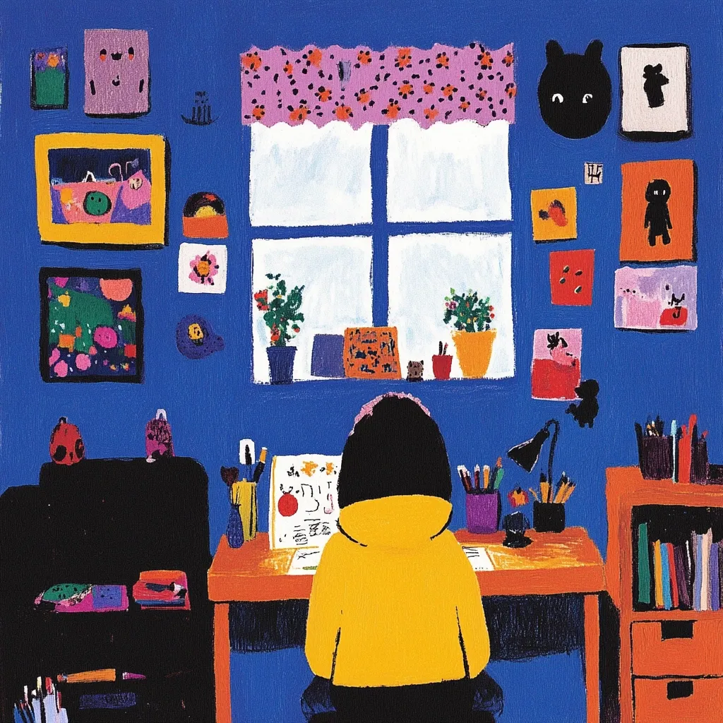 A vibrant illustration depicts a child seated at a desk in a brightly colored room.  The walls are a bold blue, adorned with numerous framed artworks and quirky decorations.  A window, draped with a patterned valance, lets in natural light. The child, wearing a yellow jacket, is focused on their work. The scene is filled with playful artistic details, suggesting a creative and imaginative space.