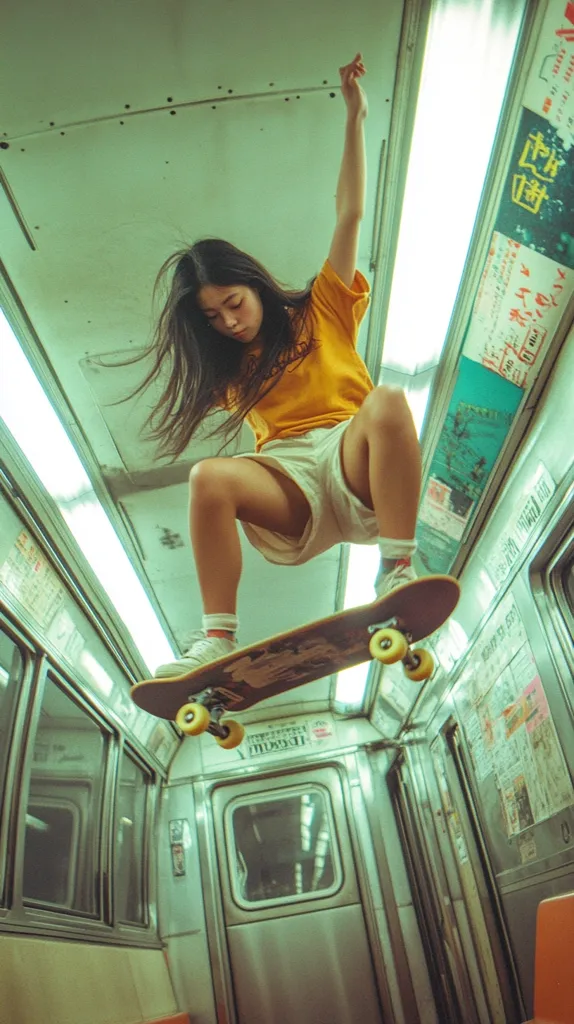A young woman with long dark hair, wearing a yellow shirt and white shorts, performs a skateboarding trick inside a subway car.  Her skateboard is airborne, wheels pointed towards the camera, against a backdrop of the train's metallic interior and advertisements. The image has a vintage, slightly desaturated color palette. The scene is dynamic, capturing the energy of urban skateboarding.