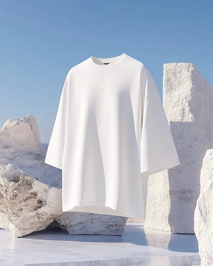 A crisp white oversized t-shirt is displayed against a minimalist backdrop of white rocks and a marble surface.  The shirt's simple, clean design and the serene setting create a visually appealing and calming image, emphasizing the garment's texture and quality. The bright, natural light enhances the overall aesthetic.