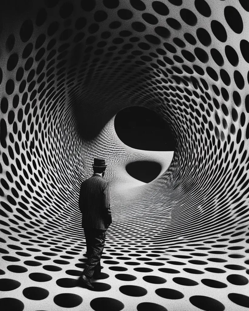 A man in a suit and hat walks down a surreal, curving corridor. The walls are covered in a repeating pattern of dark circles on a lighter background, creating a hypnotic, three-dimensional effect. The perspective is distorted, giving a sense of depth and disorientation. The scene is monochrome, emphasizing the stark contrast and geometric patterns.  The overall mood is mysterious and slightly unsettling.