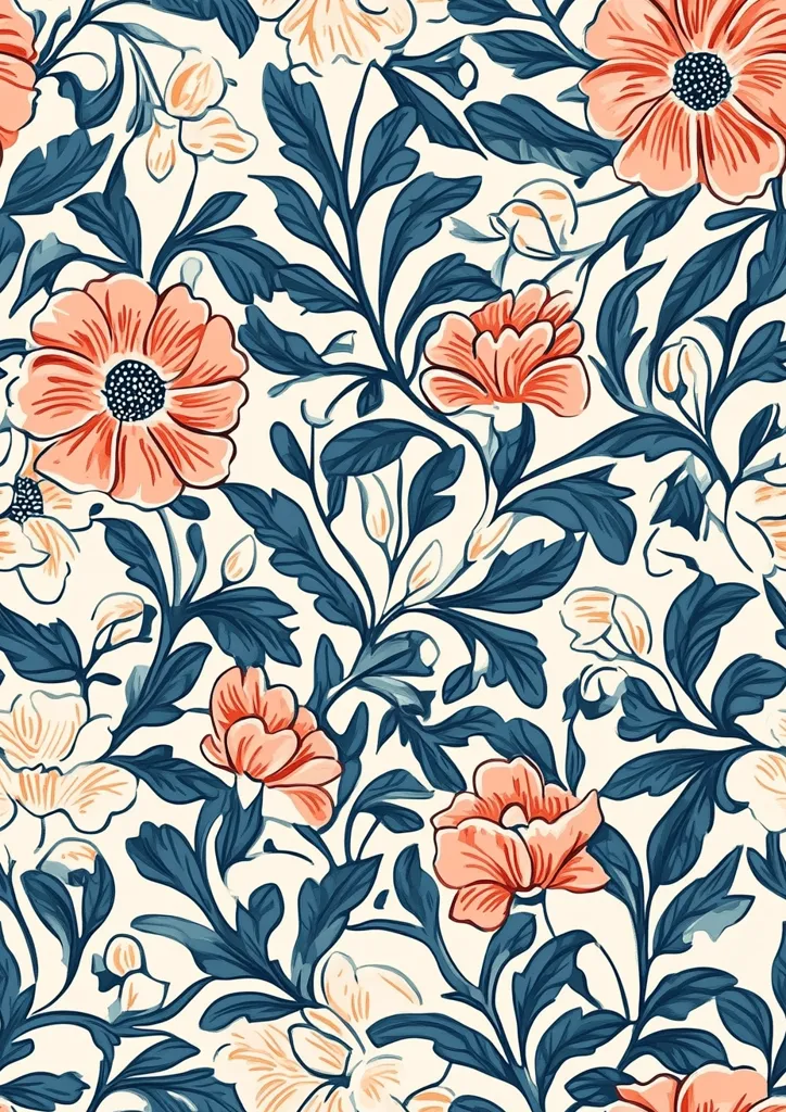 A seamless floral pattern showcases a vibrant interplay of coral and peach blossoms nestled amongst deep teal foliage. The design, reminiscent of vintage botanical illustrations, features intricately detailed leaves and flowers against a creamy off-white backdrop. The repetitive motif creates a rich, textural effect, suitable for various applications from textiles to wallpaper.  The style is elegant and classic.