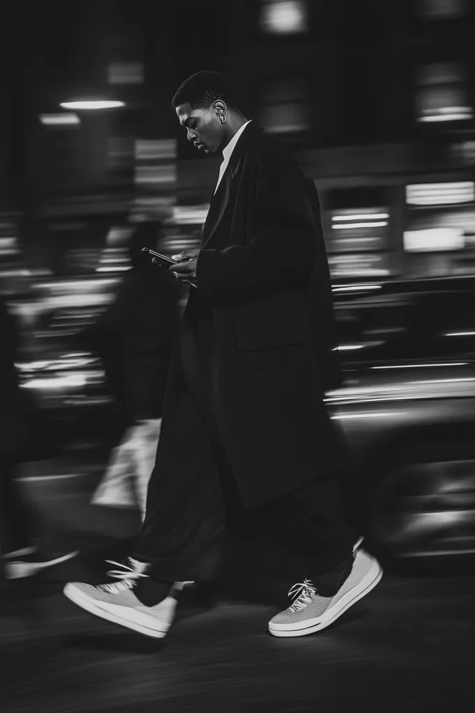 A stylish young man in a long black coat walks through a city at night, his attention focused on a smartphone in his hand.  The scene is captured in monochrome, with blurred streaks of light suggesting motion and urban energy. The contrast of the sharp figure against the dynamic background creates a striking image. He wears light-colored sneakers, adding a subtle contrast to his dark outfit.