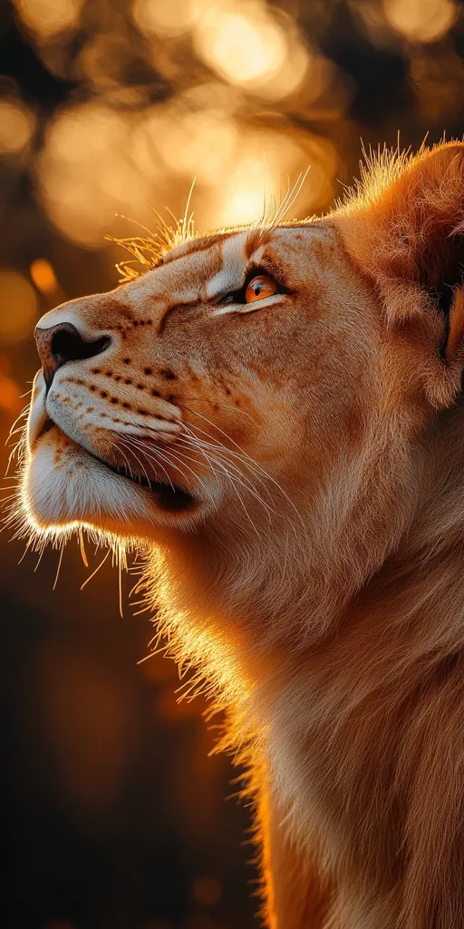 A lioness's profile is dramatically lit by the golden hues of a setting sun.  Her amber eyes gaze upward, her mane glowing with the warm light. The close-up shot emphasizes the texture of her fur and the intensity of her expression, creating a powerful and majestic image.  The blurred background enhances the focus on the lioness.
