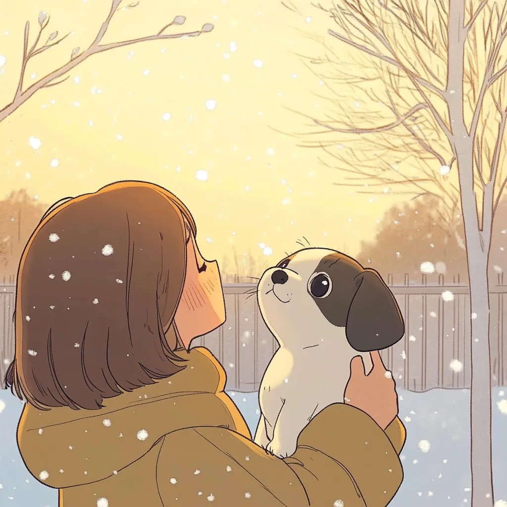 A heartwarming illustration depicts a young woman with short brown hair, bundled in a tan coat, gently holding a small, adorable puppy.  Soft, falling snow creates a peaceful winter scene bathed in the warm glow of a setting sun. The girl and puppy look upwards, sharing a tender moment against a backdrop of bare trees and a snow-covered fence. The overall style is cute and serene.