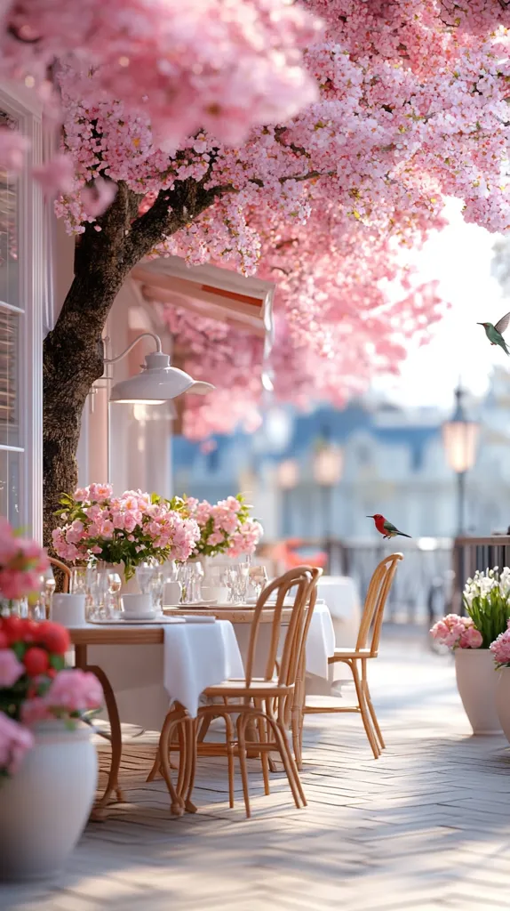 A charming outdoor cafe scene is set under a blossoming pink cherry tree.  Light wooden chairs and tables are elegantly set with white linens and pink floral centerpieces.  Two hummingbirds add a touch of vibrant color to the idyllic setting, bathed in soft sunlight.  The overall atmosphere is serene and romantic.
