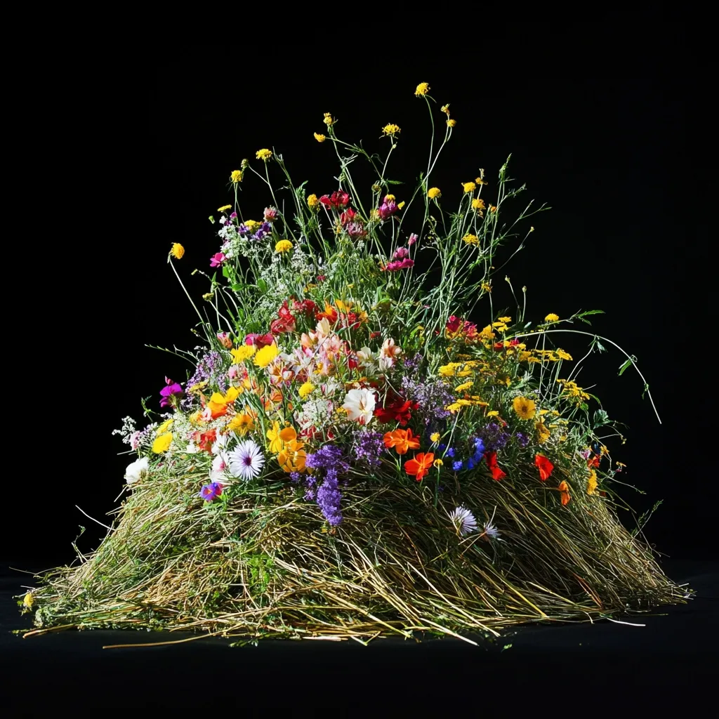 A vibrant profusion of wildflowers, in hues of red, orange, yellow, purple, and white, bursts forth from a mound of hay.  The wildflowers, a mix of various species, are densely packed, creating a visually stunning contrast against the muted green and gold of the hay. The composition is set against a stark black background, emphasizing the brightness and vibrancy of the floral display.