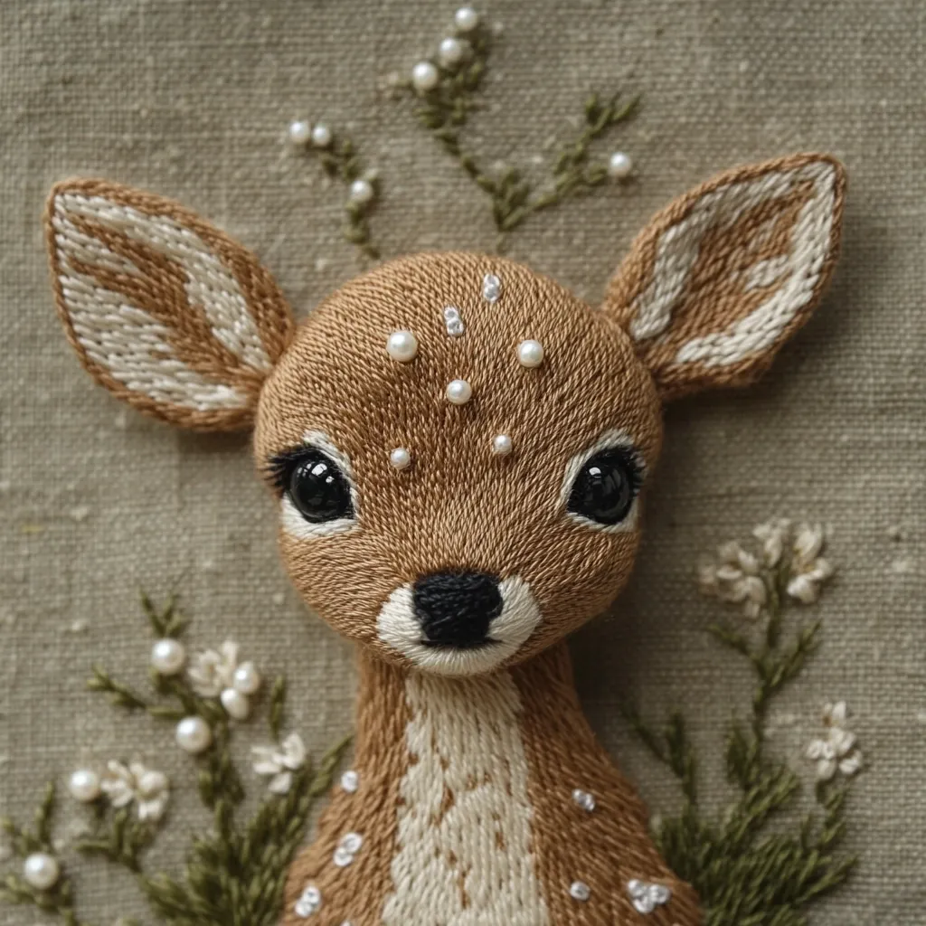 Close-up view of an intricately embroidered fawn.  The fawn is meticulously stitched with brown and cream threads, adorned with small pearl beads representing spots.  It's surrounded by similarly detailed embroidery of delicate flowers and foliage on a neutral linen background.  The overall effect is a charming, miniature work of art.