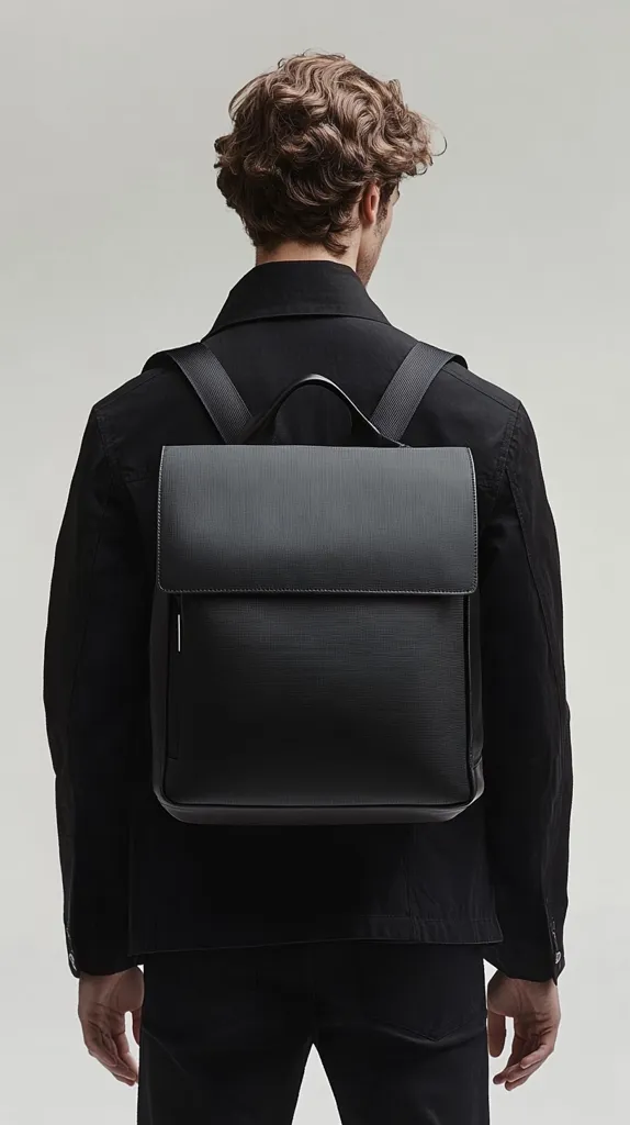 A person with curly brown hair wears a black jacket and a black square backpack. The backpack has thin black straps and a simple, flap-top design. The image is taken from behind, showing the back of the person and the backpack in detail against a plain light gray background. The style is minimalist and sophisticated.