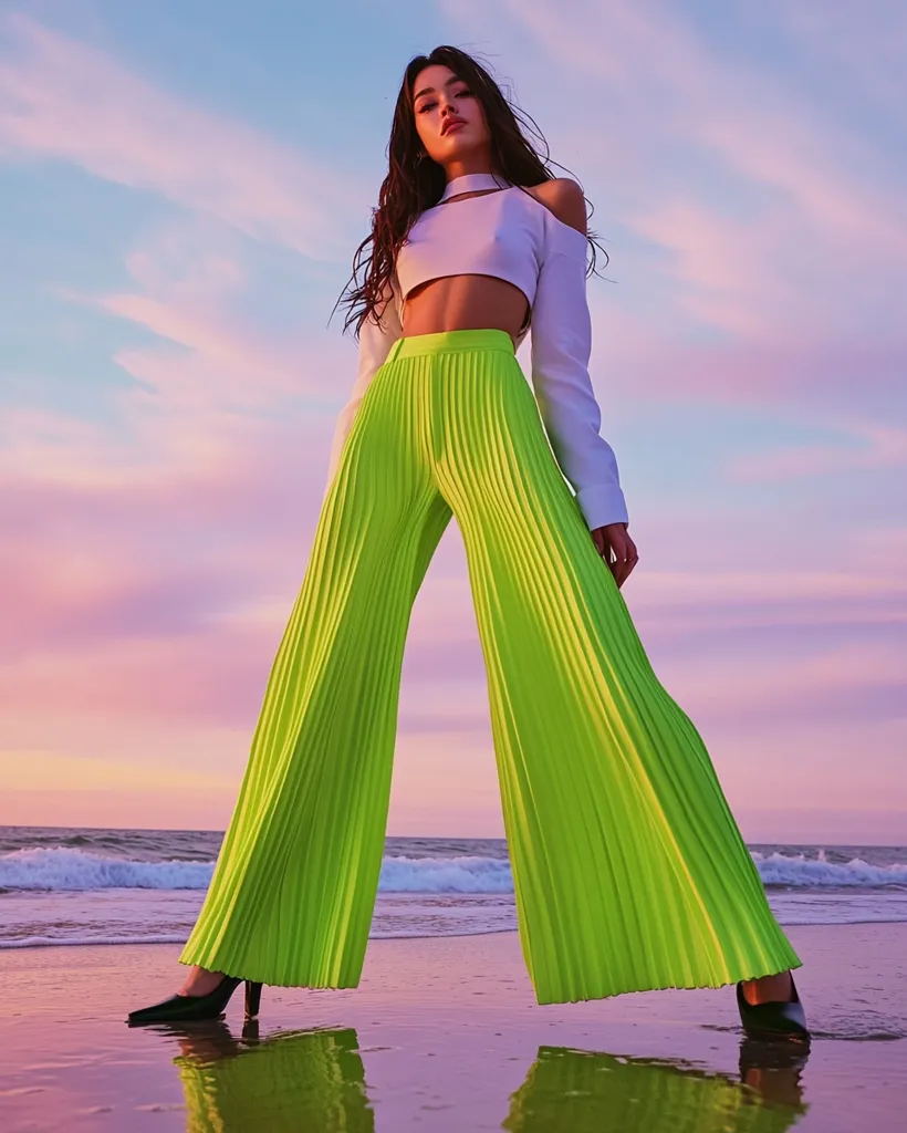 A woman in vibrant neon green pleated palazzo pants and a white cropped off-the-shoulder top poses on a beach at sunset.  Her long dark hair flows down her back as she stands with a confident, slightly upward gaze.  The sky displays soft pastel hues, contrasting with the bold color of her outfit.  She wears black heels, and her reflection is partially visible in the wet sand.