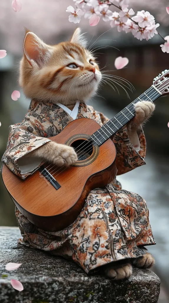 A cute ginger kitten, dressed in a patterned kimono, sits serenely on a stone surface playing a classical guitar.  Pink cherry blossoms fall gently around it, creating a peaceful and idyllic scene. The kitten's posture and expression suggest a moment of calm contemplation while making music. The image evokes a sense of tranquility and artistic charm.