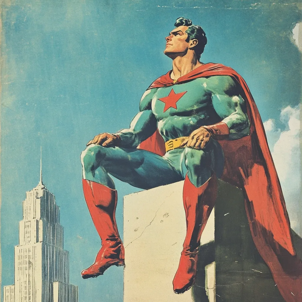 A stylized illustration depicts a superhero, possibly inspired by Golden Age comics.  He's seated on a high vantage point, a cityscape visible in the background. His costume features teal and red, with a prominent red star emblem on his chest.  The artwork's style is reminiscent of mid-20th-century illustration techniques. The overall mood is one of confident contemplation.