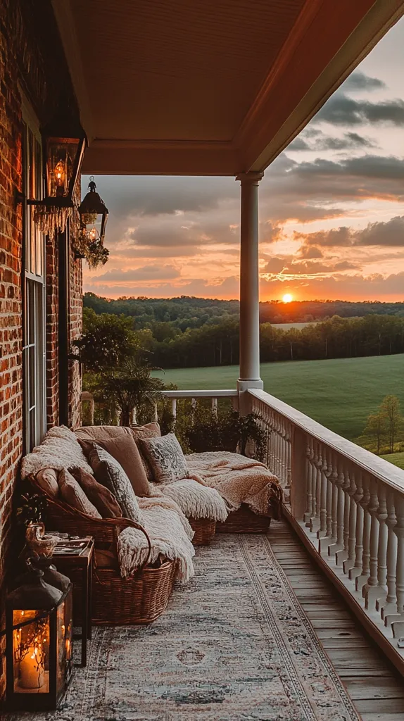 A cozy porch scene at sunset.  A plush seating area, draped in blankets, faces a panoramic view of rolling hills and a vibrant sunset.  The porch features white columns and a balustrade, adding to the rustic charm.  Lanterns cast a warm glow, enhancing the tranquil atmosphere.  A woven rug completes the inviting space.