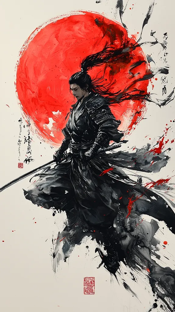 A dramatic ink painting depicts a samurai, silhouetted against a large red sun.  His long black hair flows behind him, mirroring the dynamic brushstrokes.  He holds a katana, his posture suggesting both power and contemplation.  Splattered ink adds to the intense, expressive style, evoking a feeling of action and the fleeting nature of life.  A red seal is subtly placed in the lower right corner.