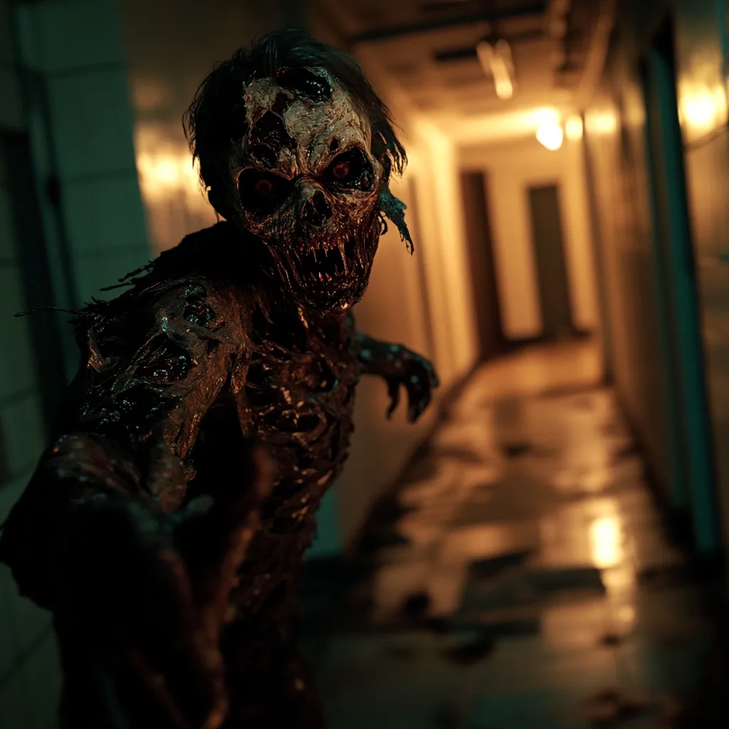 A horrifying, decaying creature lurks in a dimly lit hallway.  Its flesh is rotting and hangs in strips, revealing bone and a grotesque skull-like face.  Glowing orange eyes pierce the darkness as it approaches, its posture suggesting aggression. The scene is ominous and evokes a sense of dread and impending danger within a derelict building.