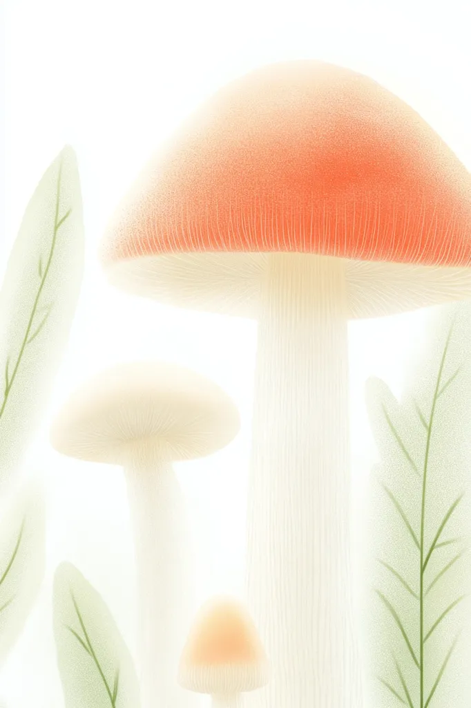 A soft, ethereal illustration features three mushrooms nestled among delicate leaves.  The largest mushroom boasts a vibrant peach-colored cap and a creamy white stem. Two smaller mushrooms, one a pale orange and the other off-white, are partially obscured. The overall style is gentle and dreamlike, with a focus on subtle color gradients and translucent textures.  The background is a bright, almost luminous white.