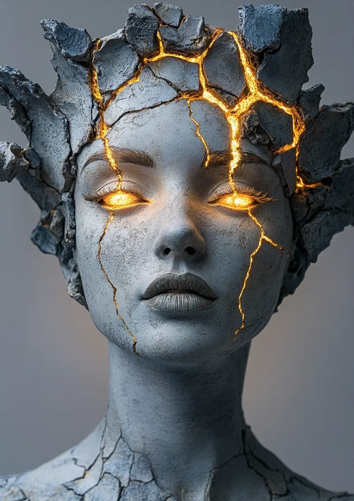 A striking digital art piece depicts a woman's head and shoulders sculpted from cracked gray stone.  Glowing golden fissures radiate from her eyes, suggesting inner light or power. The stone's texture is highly detailed, creating a sense of fragility and resilience. The overall effect is surreal and captivating, blending elements of fantasy and realism.